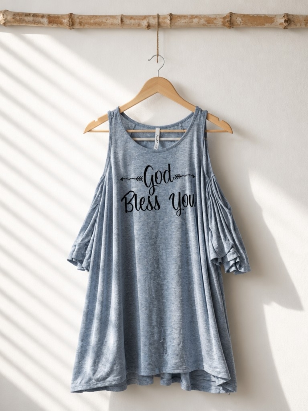 Cold-Shoulder Grey 'God Bless You' Women's Top Size Medium - Picture 2 of 3
